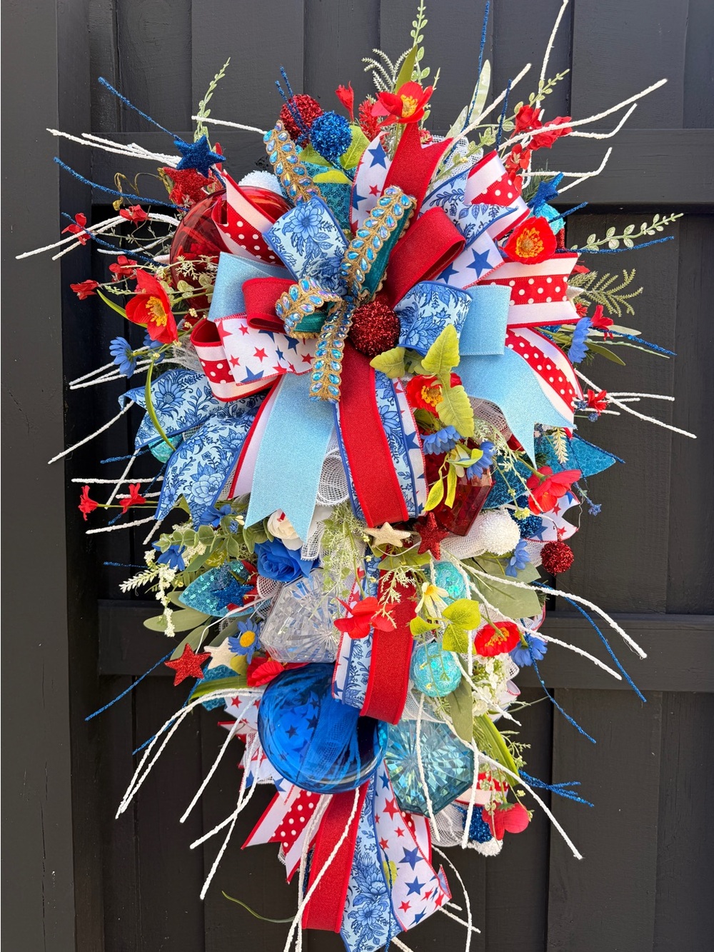 Hand Crafted Red, Blue & White Patriotic Teardrop Wreath